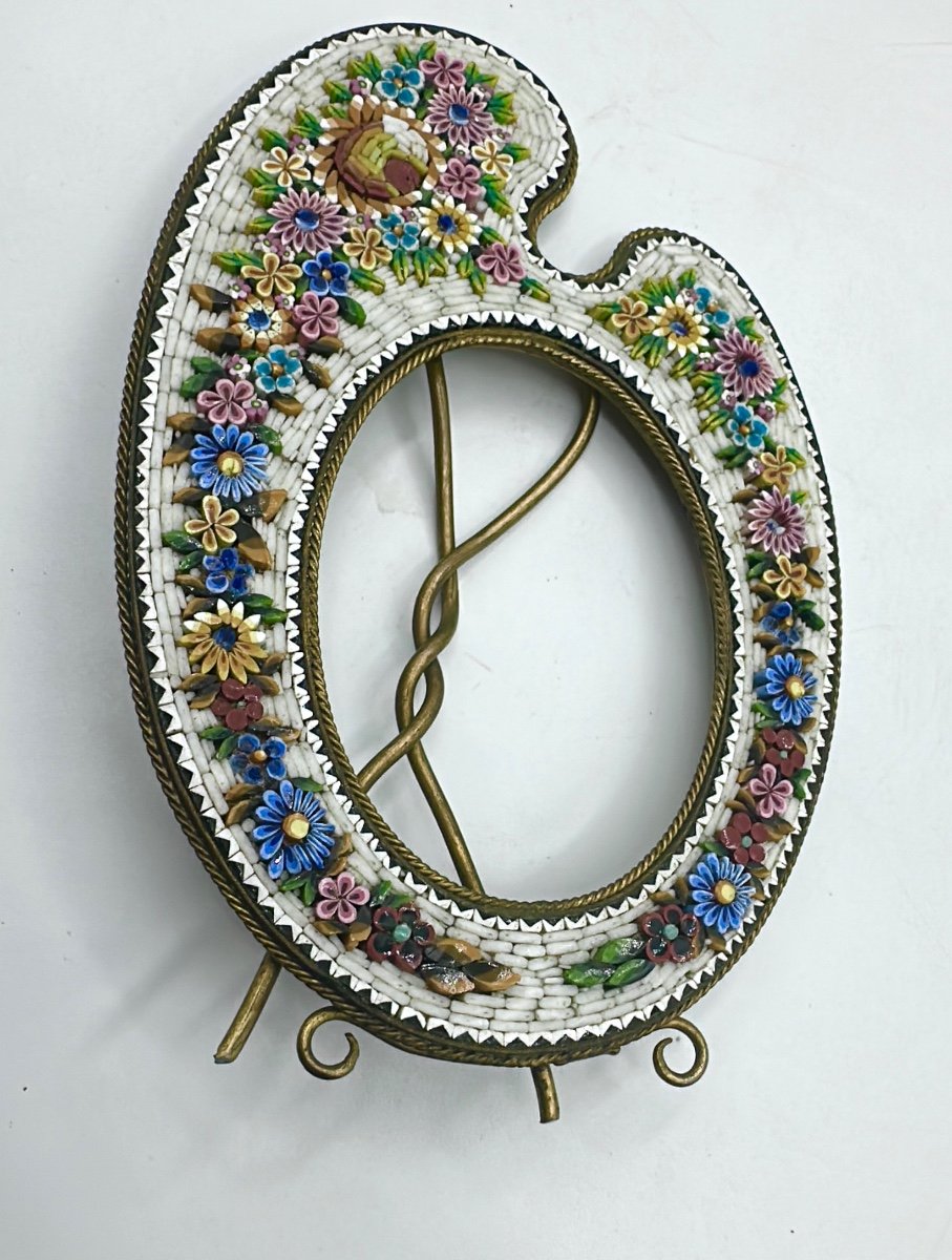 Antique Italian Micromosaic Photo Frame With Bronze Stand-photo-2