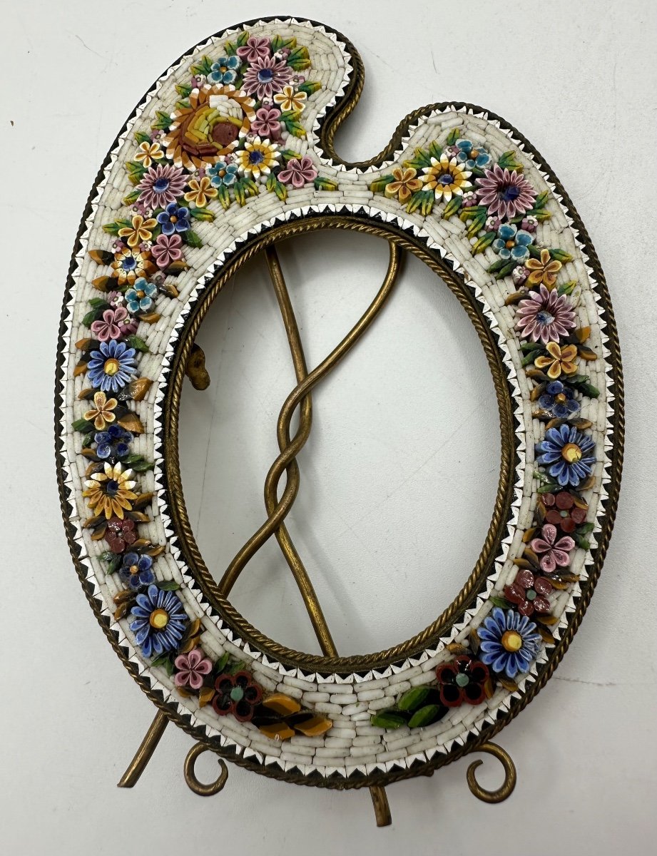 Antique Italian Micromosaic Photo Frame With Bronze Stand