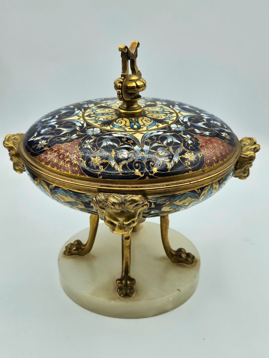 Antique Bonbonnière By Ferdinand Barbecienne,bronze Polychrome And Cloisonné Enamel.-photo-2
