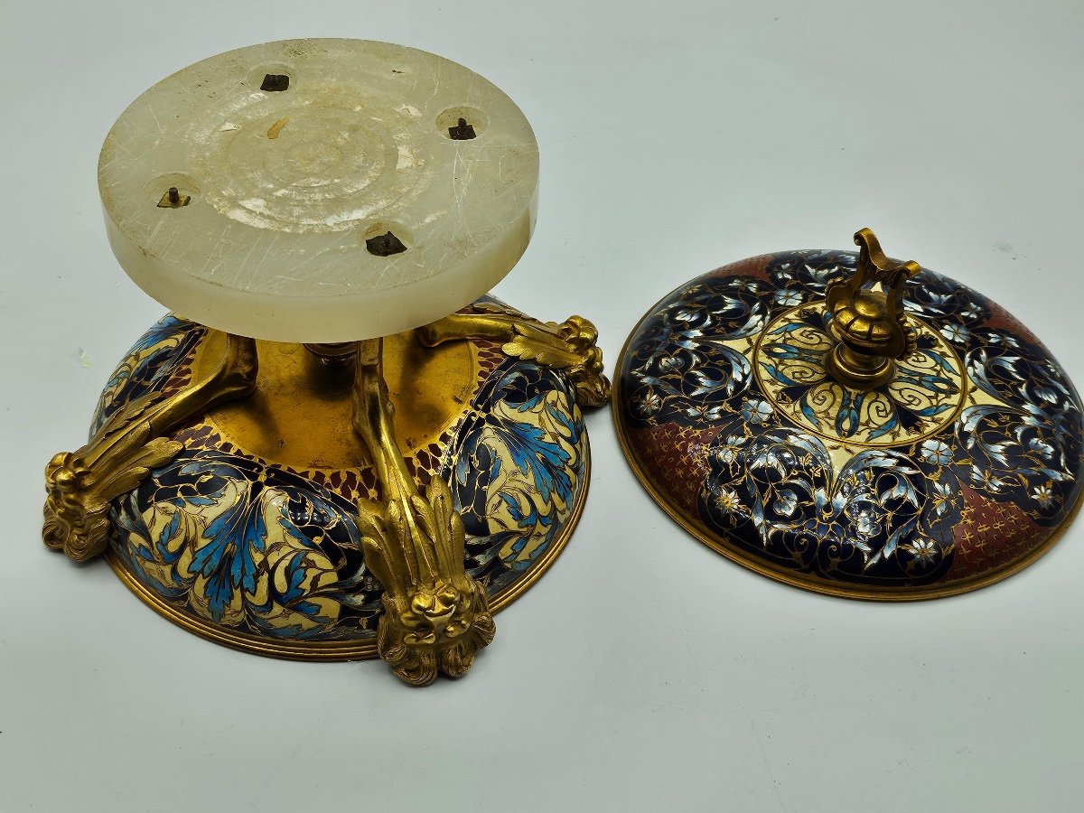 Antique Bonbonnière By Ferdinand Barbecienne,bronze Polychrome And Cloisonné Enamel.-photo-3