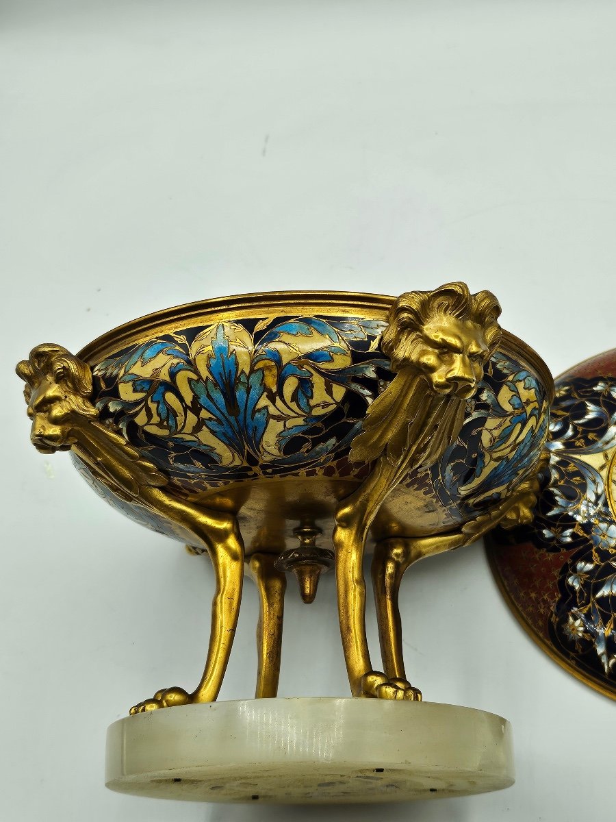 Antique Bonbonnière By Ferdinand Barbecienne,bronze Polychrome And Cloisonné Enamel.-photo-4