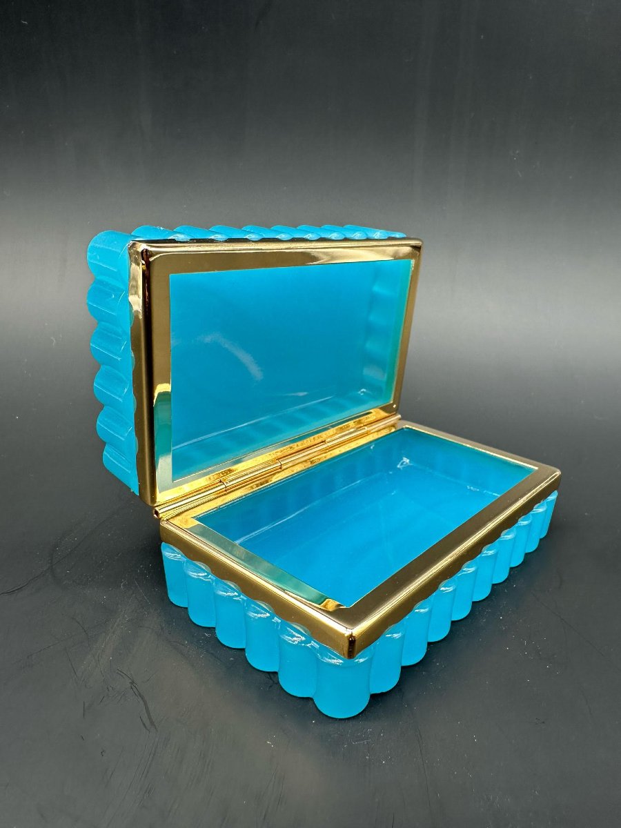 Boîte Ancienne Française En Opaline Festonné Bleu Turquoise .-photo-5