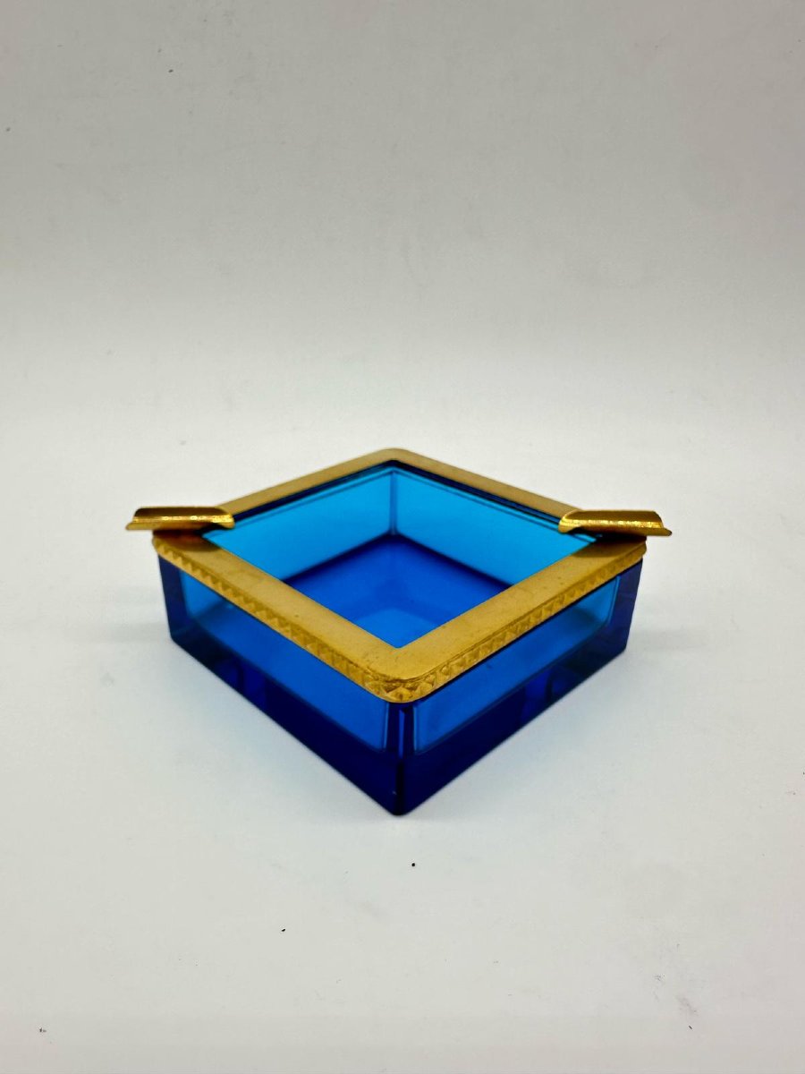 Antique Bohemian Sapphire Blue Crystal Glass Ashtray.-photo-1