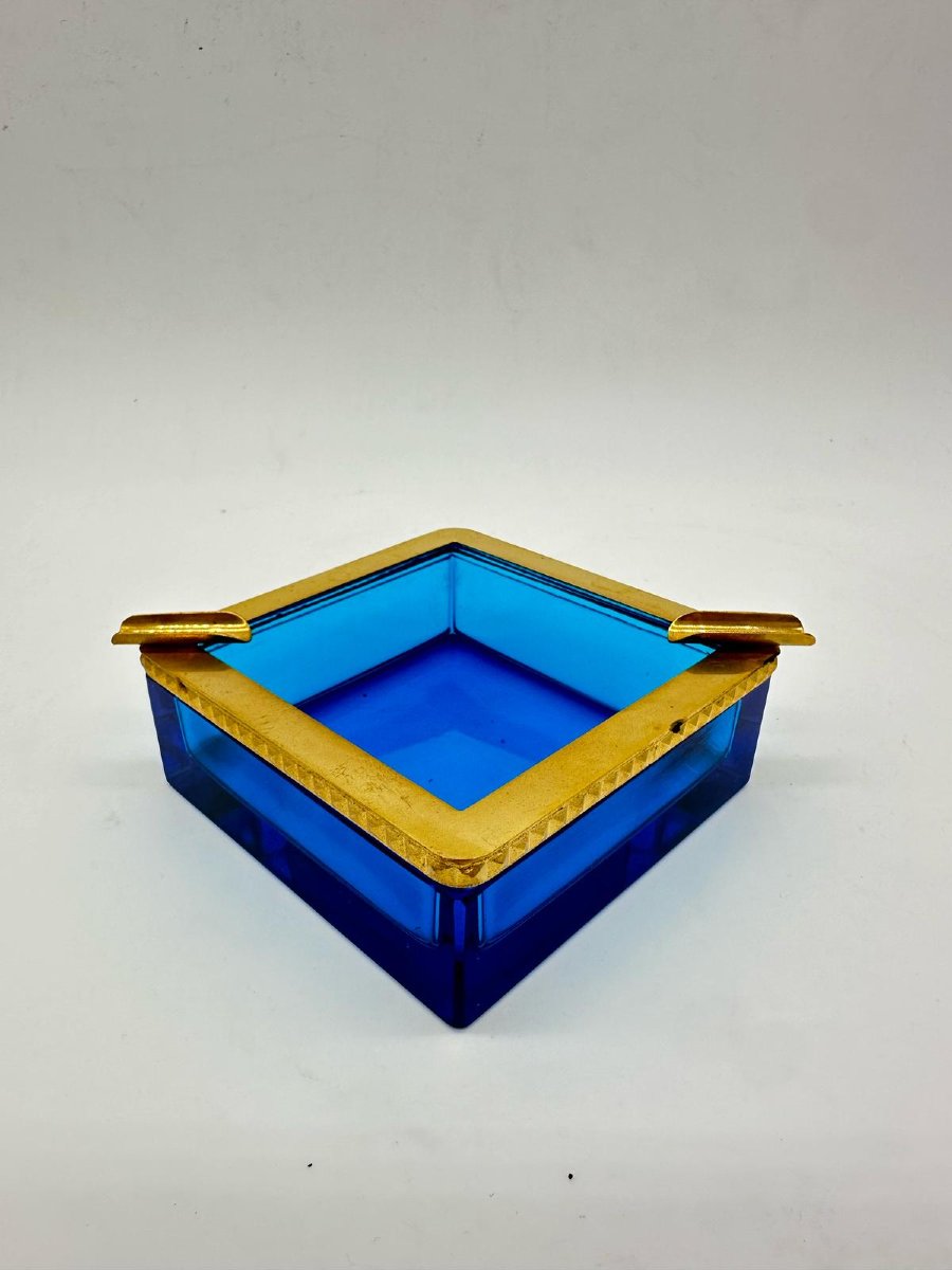 Antique Bohemian Sapphire Blue Crystal Glass Ashtray.-photo-3