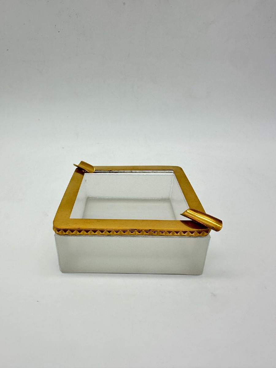 Antique Bohemian White Frosted Crystal Glass Ashtray.