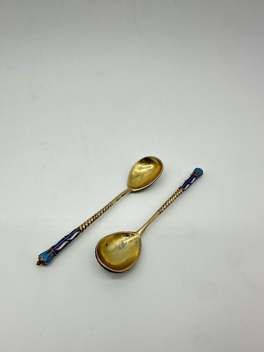  Paire De Cuillères à Thé Russes En Argent émaillé.-photo-3