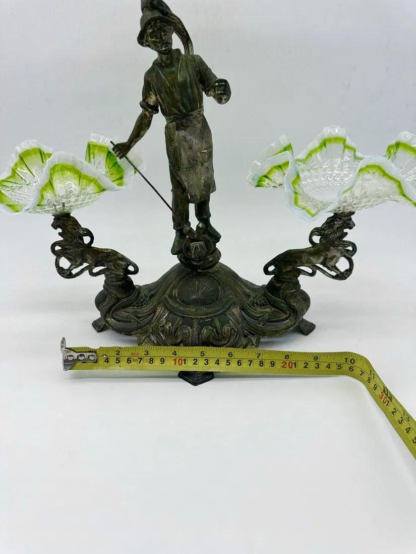 Art Nouveau Centerpiece With 3 Glass Green Opalescent Bowls-photo-4