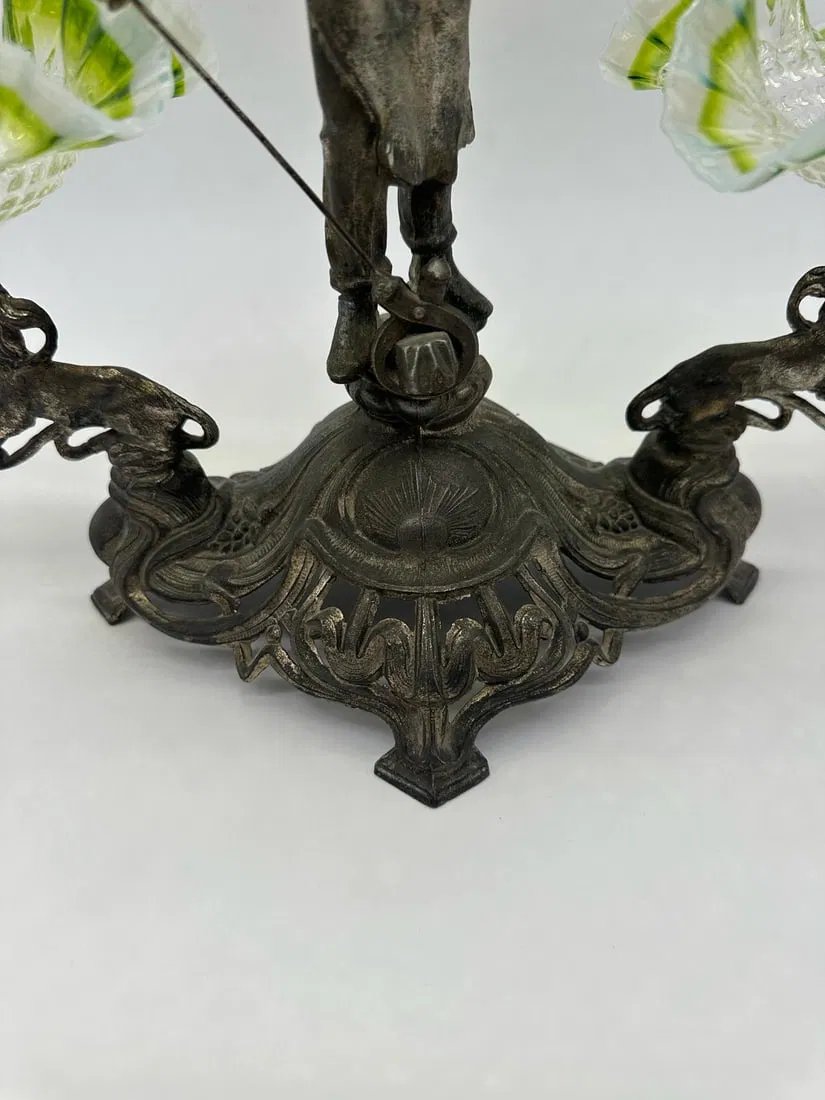 Art Nouveau Centerpiece With 3 Glass Green Opalescent Bowls-photo-6