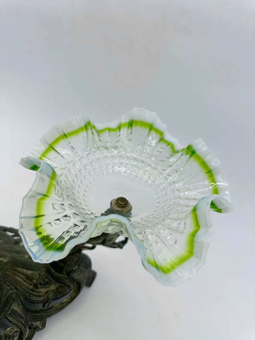 Art Nouveau Centerpiece With 3 Glass Green Opalescent Bowls-photo-7