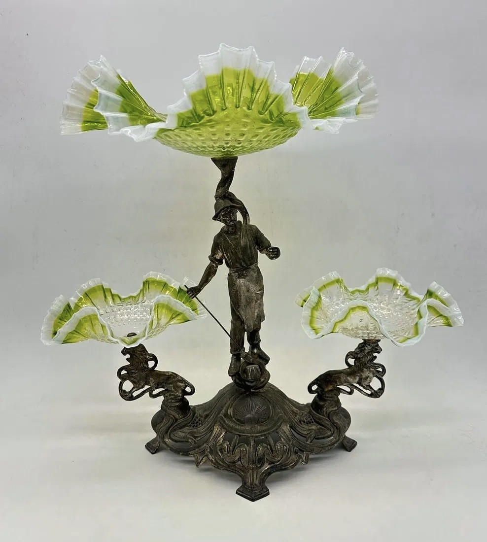 Art Nouveau Centerpiece With 3 Glass Green Opalescent Bowls