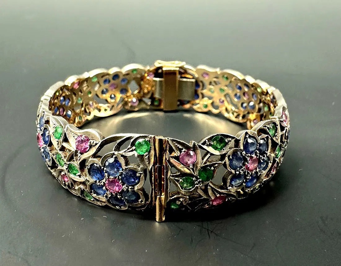 Antique Bracelet With Ruby, Sapphire And Emerald Hinged Bracelet-photo-3