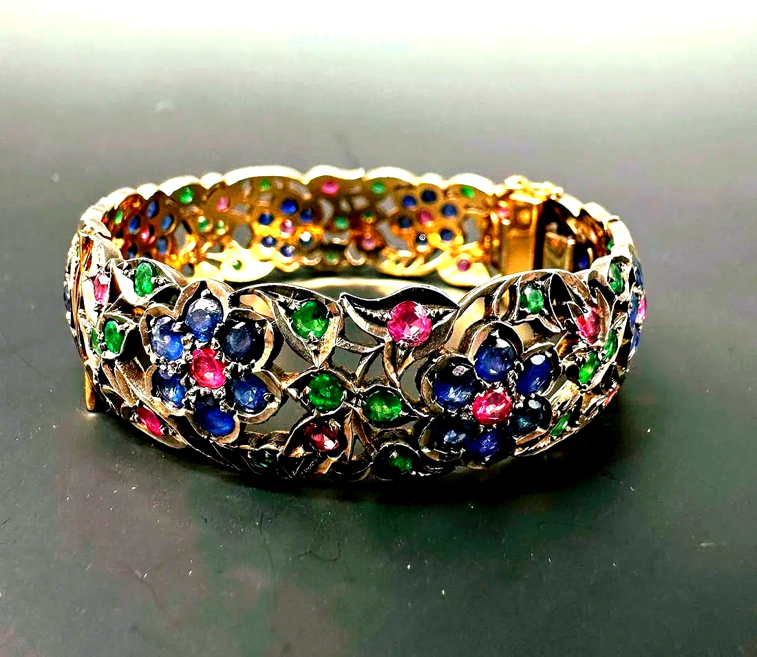 Antique Bracelet With Ruby, Sapphire And Emerald Hinged Bracelet-photo-5