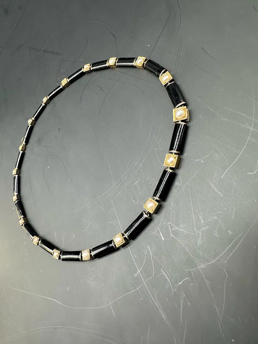 Art Deco Enamel Small Necklace,gold And Small Pearls.-photo-2