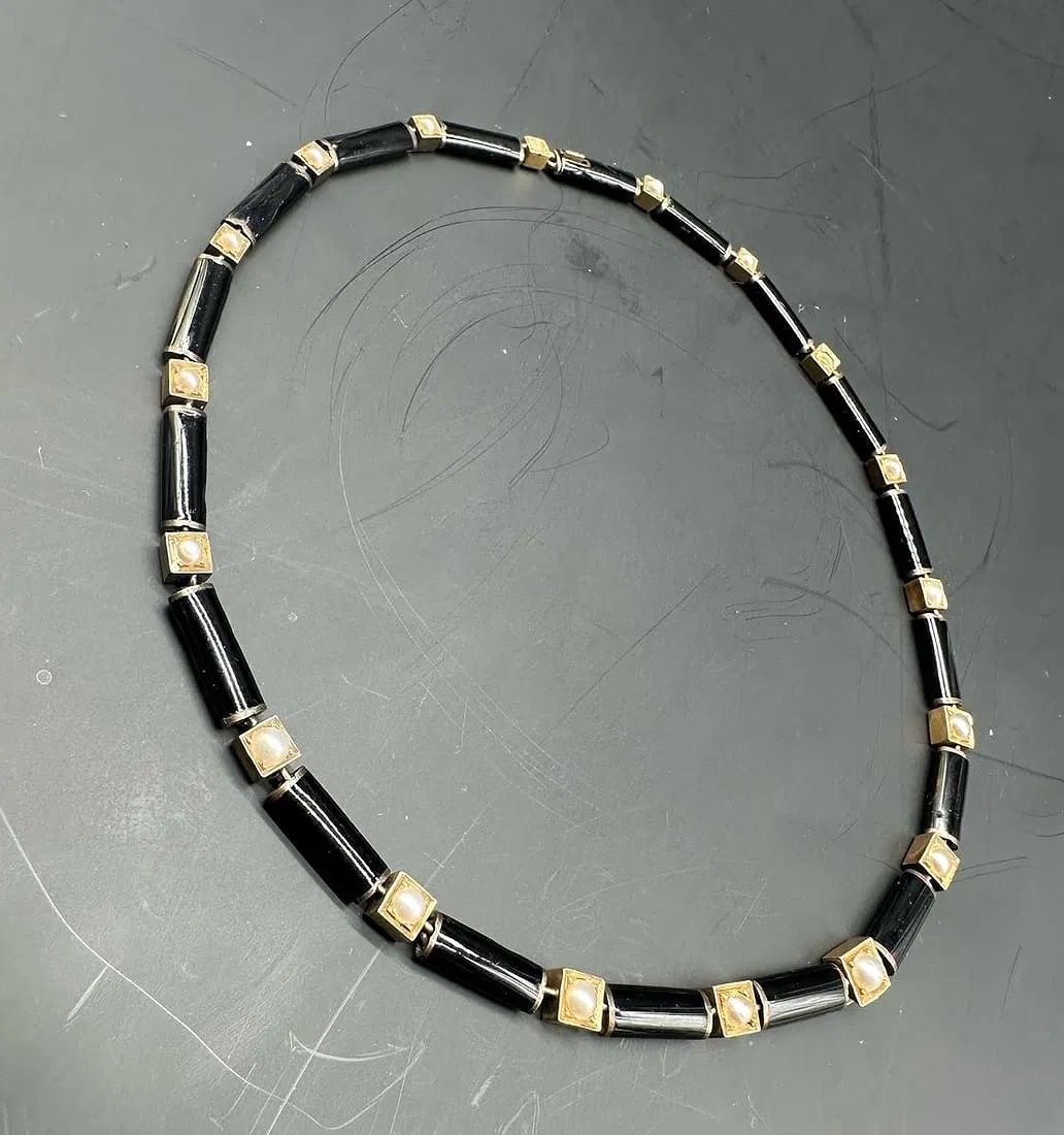 Art Deco Enamel Small Necklace,gold And Small Pearls.