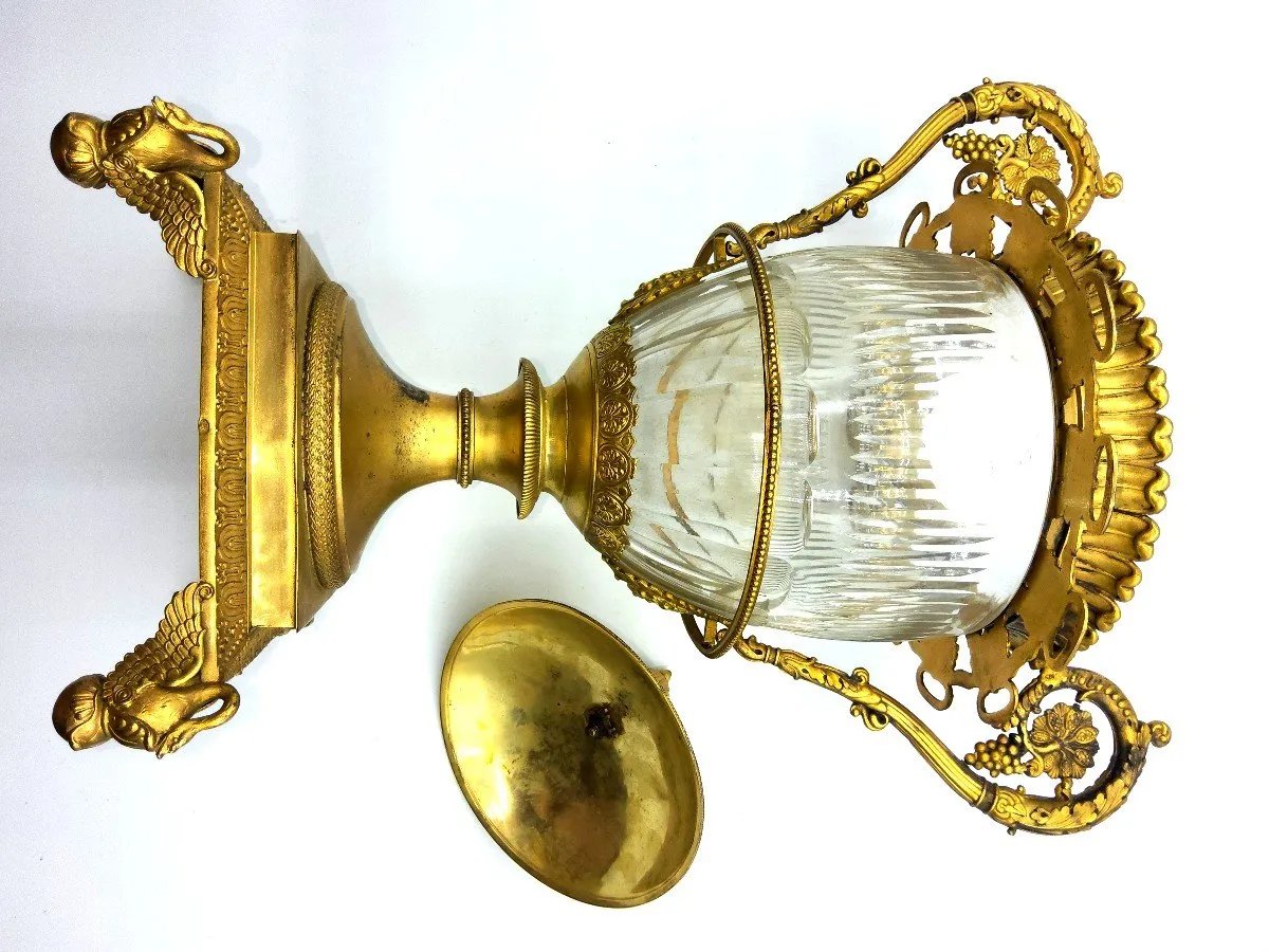 Grand Centre de table ancien français en argent doré avec verre Baccarat, marqué-photo-2