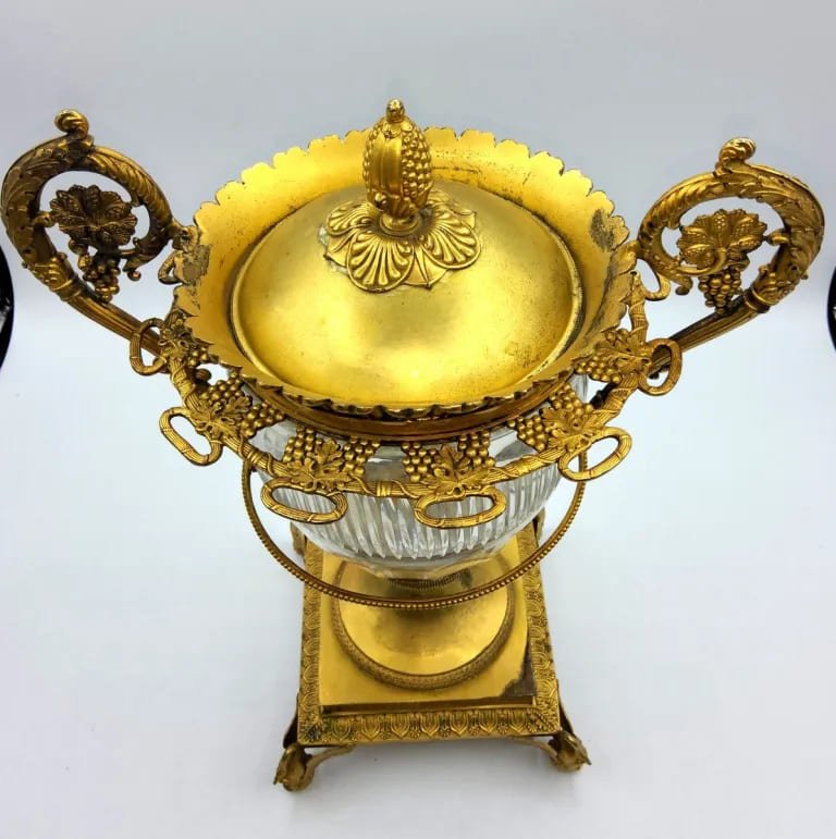 Grand Centre de table ancien français en argent doré avec verre Baccarat, marqué-photo-4