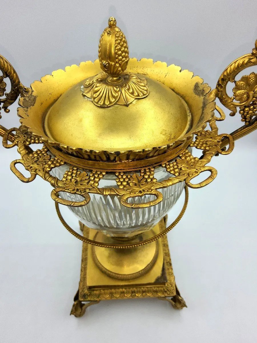 Grand Centre de table ancien français en argent doré avec verre Baccarat, marqué-photo-5