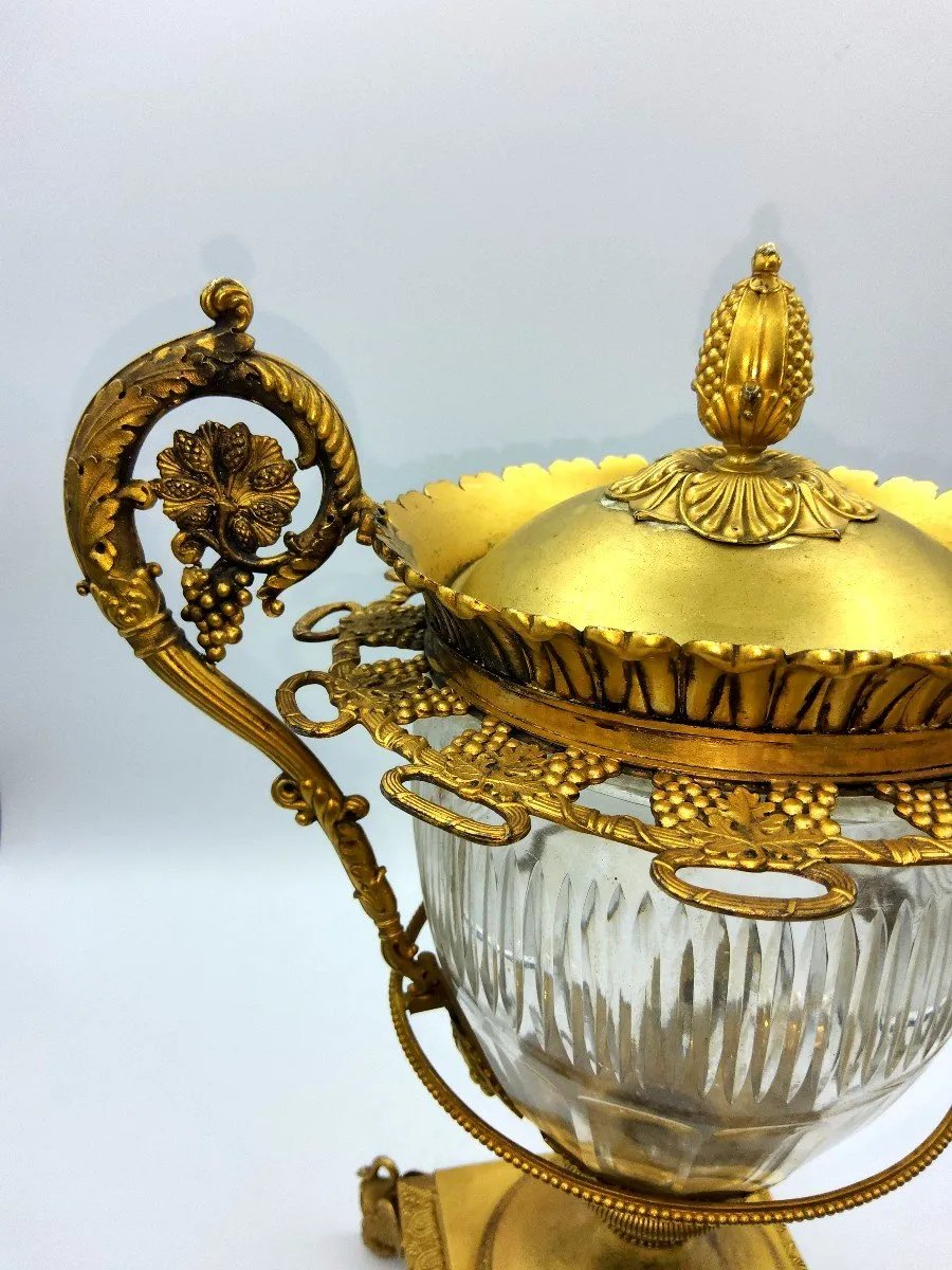 Grand Centre de table ancien français en argent doré avec verre Baccarat, marqué-photo-8
