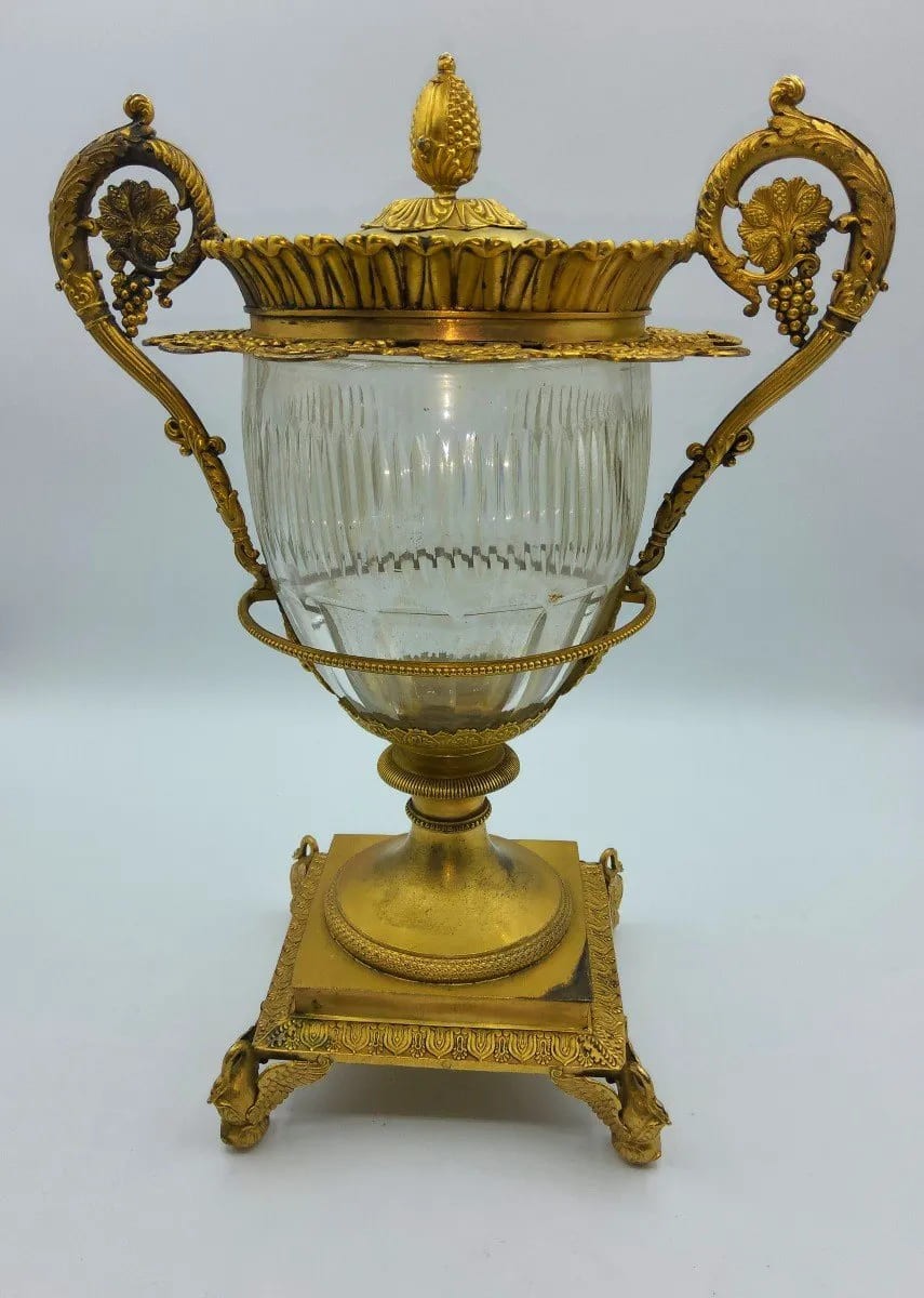 Grand Centre de table ancien français en argent doré avec verre Baccarat, marqué