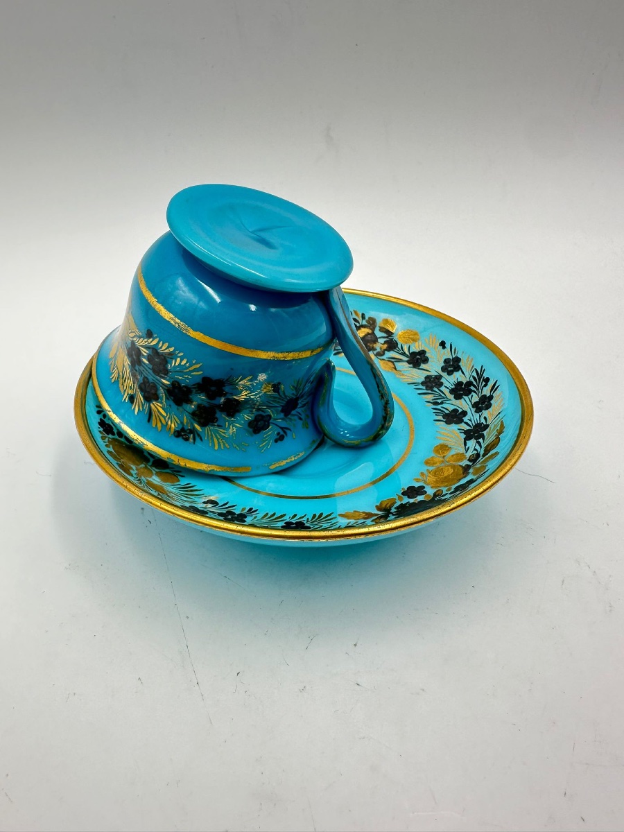 Charlesx French Opaline Glass Set Cup And Saucer With Silver And Gold Decor.-photo-2