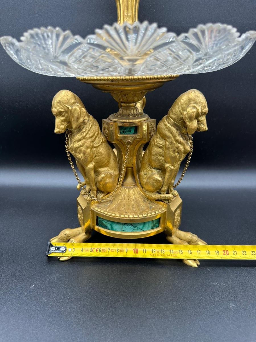 Russian Imperial Centrepiece Crystal,bronze,malachite With Dogs,deers And Squirrel Figurines. -photo-3