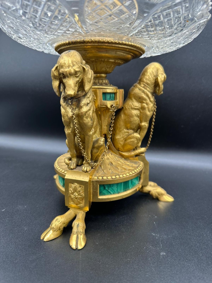 Russian Imperial Centrepiece Crystal,bronze,malachite With Dogs,deers And Squirrel Figurines. -photo-1