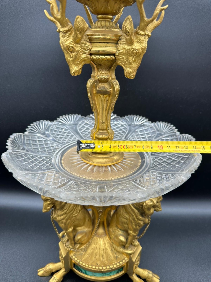 Russian Imperial Centrepiece Crystal,bronze,malachite With Dogs,deers And Squirrel Figurines. -photo-7