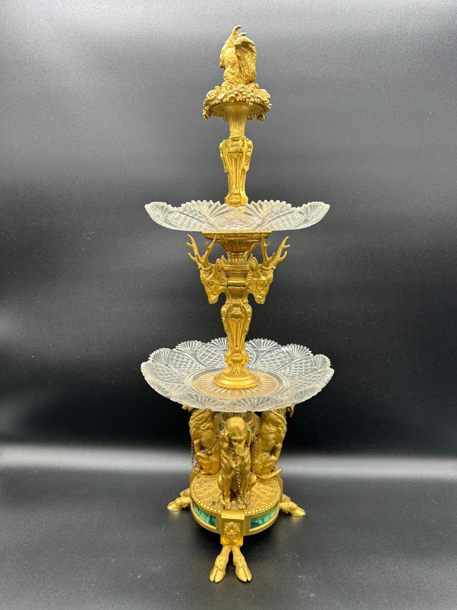 Russian Imperial Centrepiece Crystal,bronze,malachite With Dogs,deers And Squirrel Figurines. 
