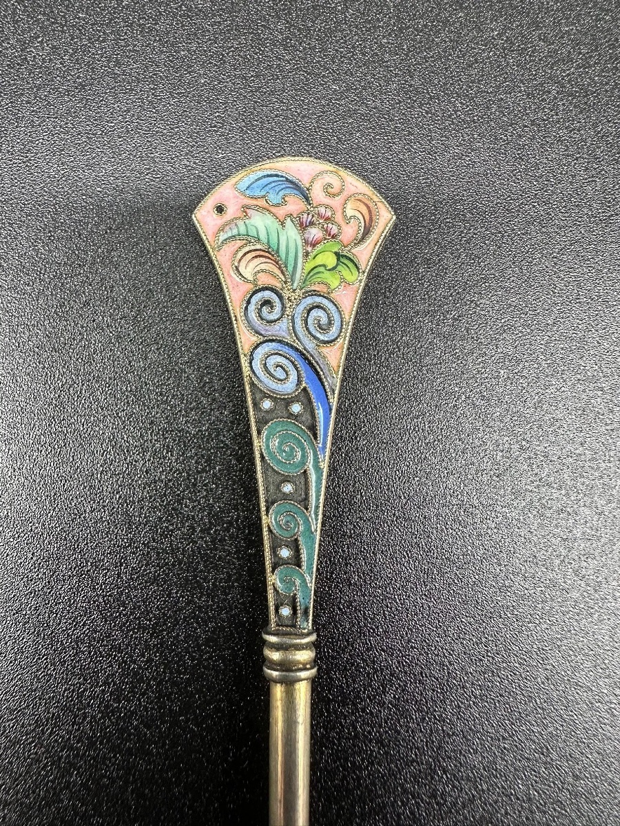 Russian Imperial Shaded Enamel Silver Spoon,6 Artel-photo-3