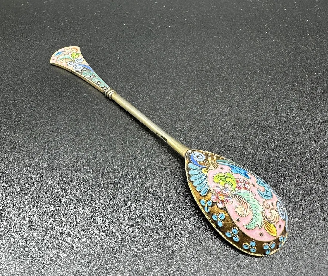 Russian Imperial Shaded Enamel Silver Spoon,6 Artel-photo-4