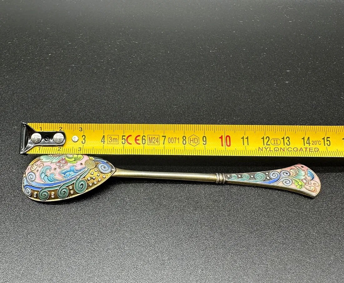 Russian Imperial Shaded Enamel Silver Spoon,6 Artel-photo-4