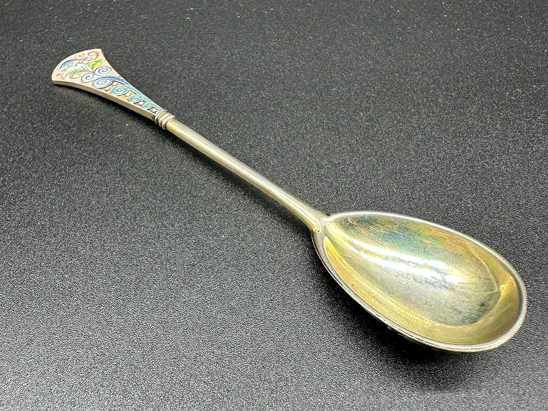 Russian Imperial Shaded Enamel Silver Spoon,6 Artel-photo-6