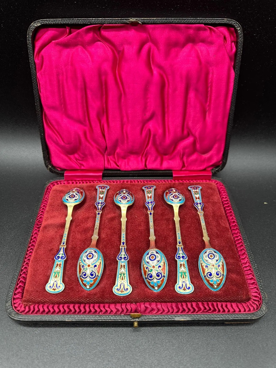 Ensemble de 6 cuillères russes en argent doré et émail champlevé, Antip Kuzmichev-photo-2