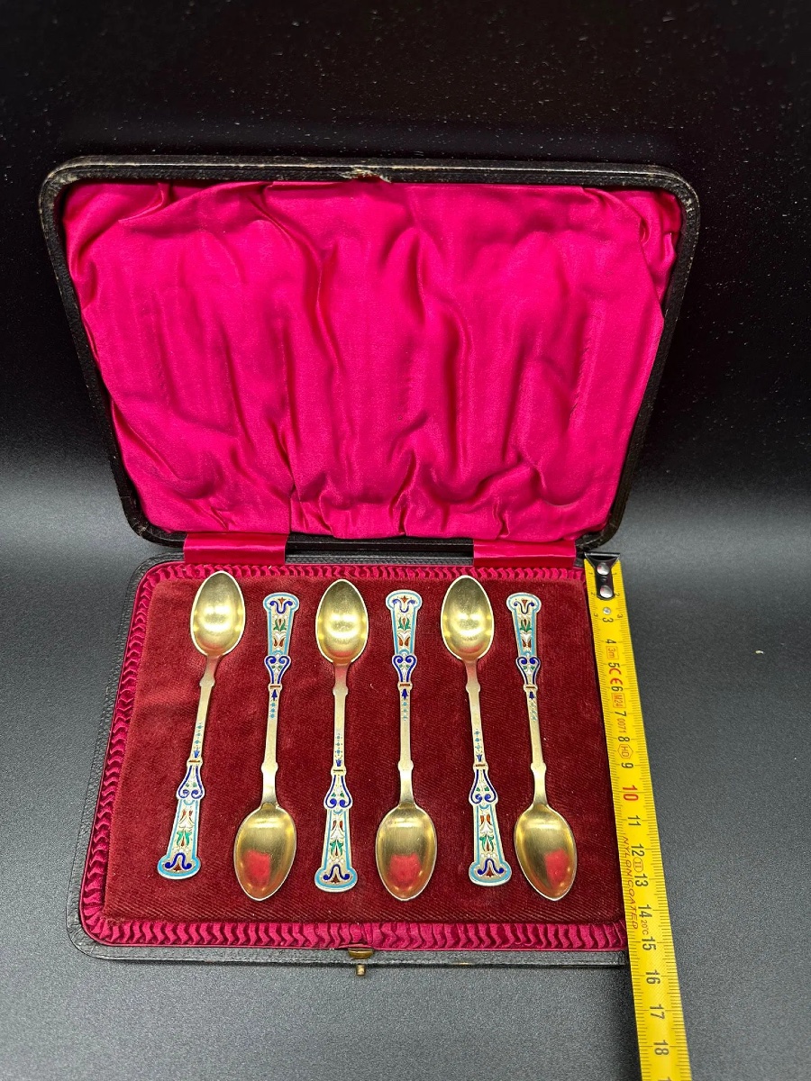 Ensemble de 6 cuillères russes en argent doré et émail champlevé, Antip Kuzmichev-photo-4