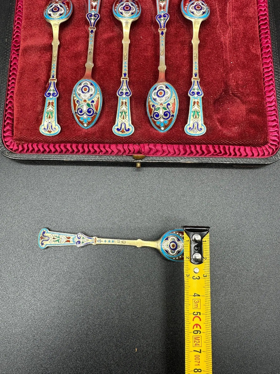 Ensemble de 6 cuillères russes en argent doré et émail champlevé, Antip Kuzmichev-photo-5