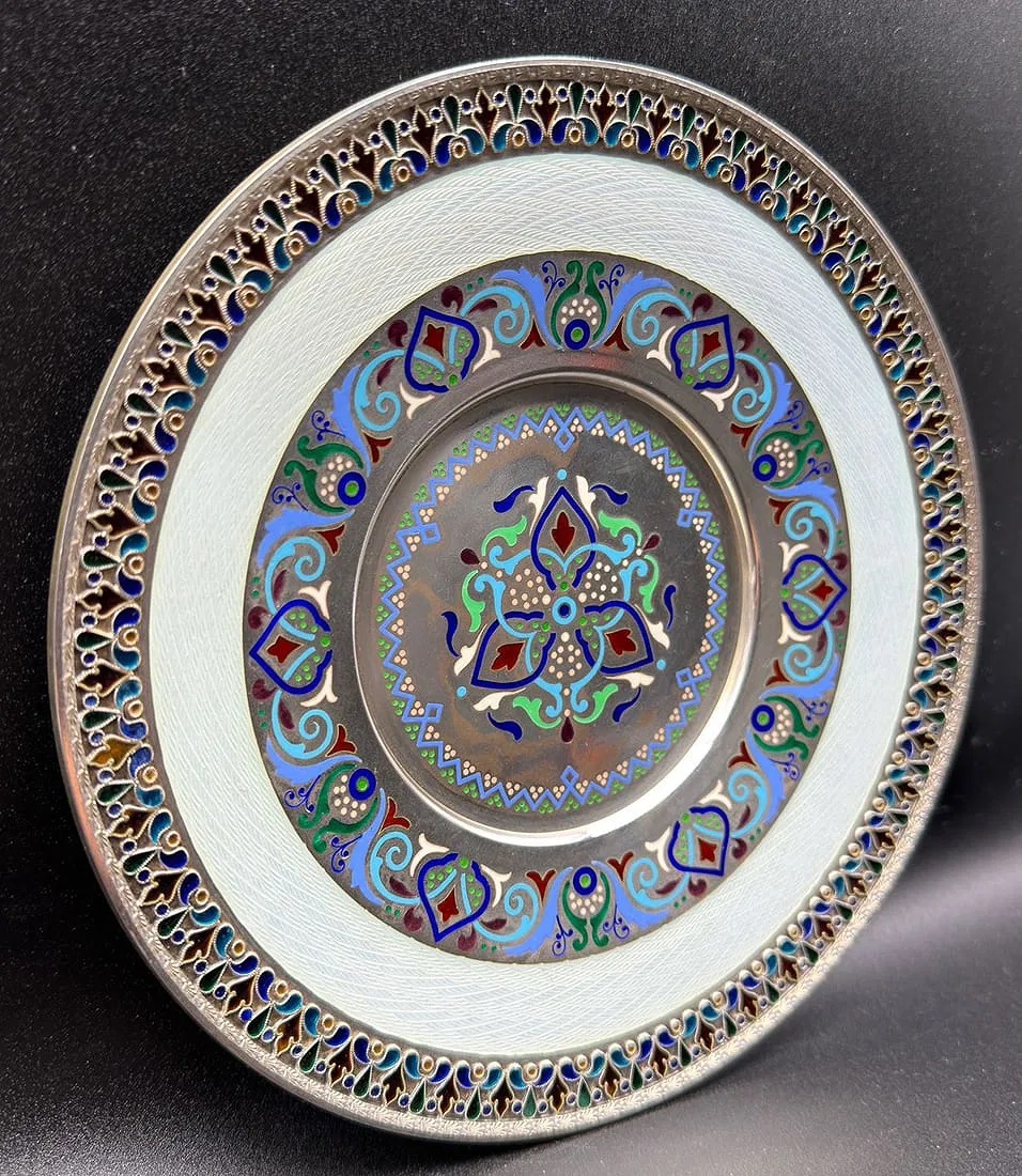 Russian Silver Champlevé Enamel Charger,khlebnikov,moscow 1898-1907-photo-2