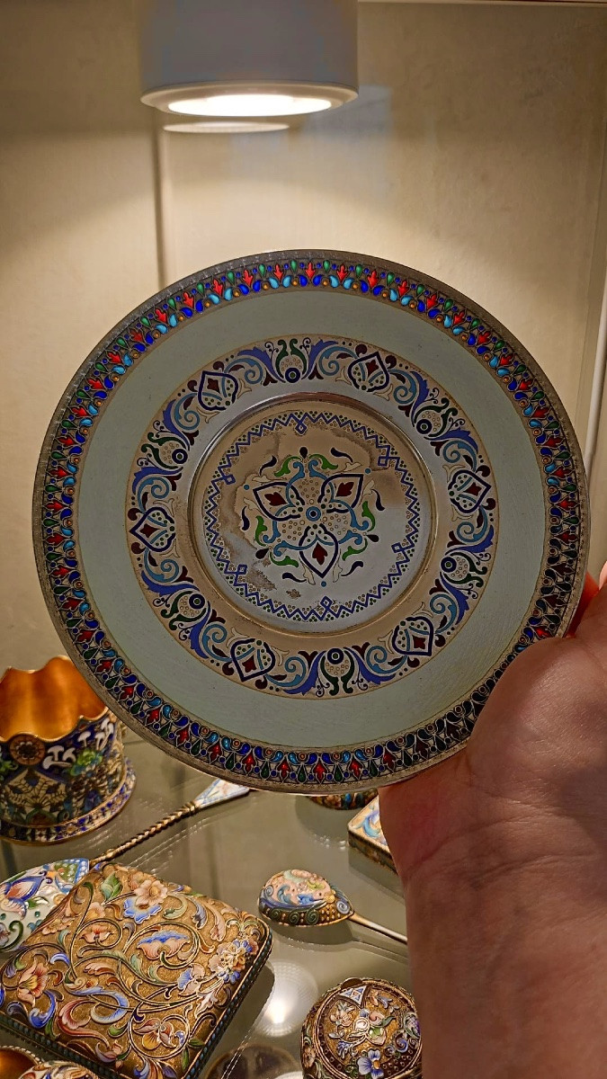 Russian Silver Champlevé Enamel Charger,khlebnikov,moscow 1898-1907-photo-3