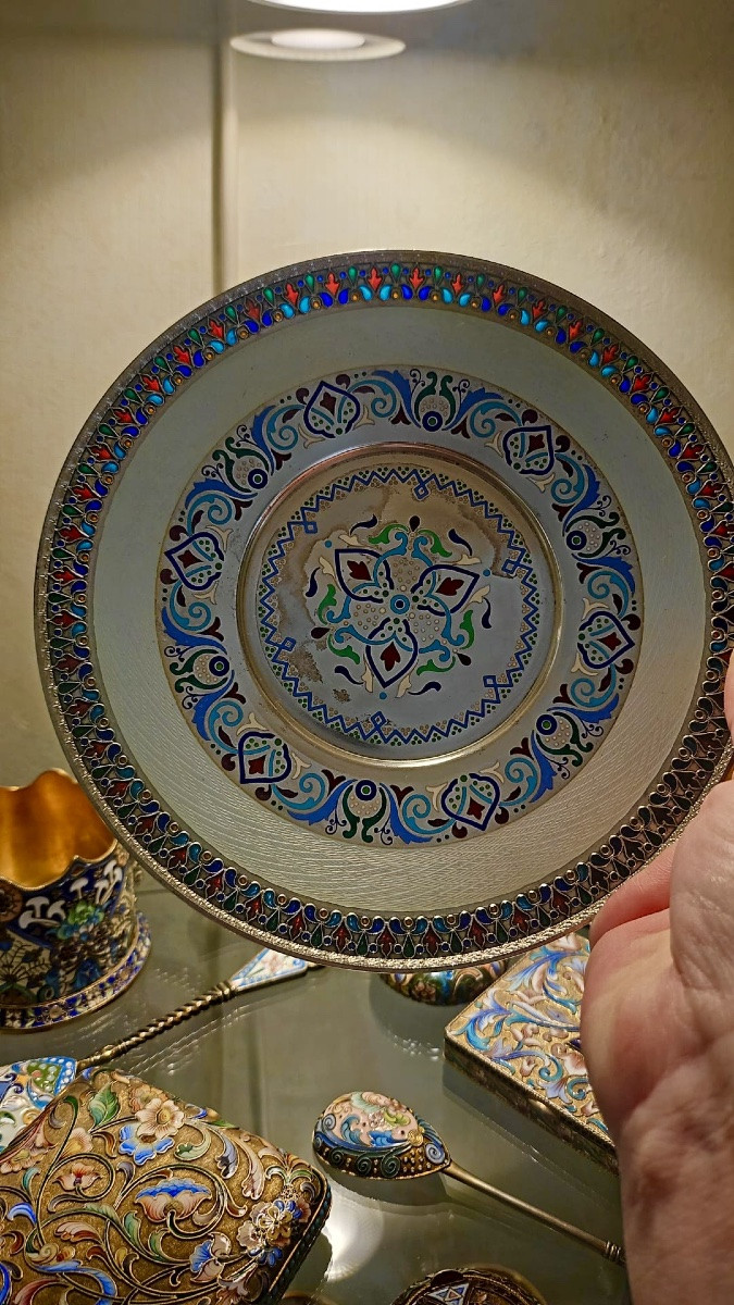Russian Silver Champlevé Enamel Charger,khlebnikov,moscow 1898-1907-photo-4