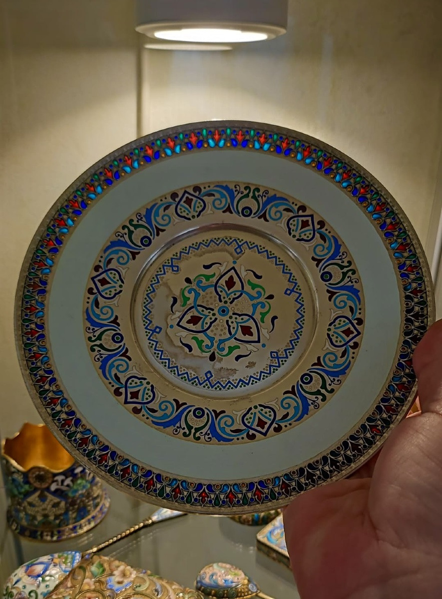 Russian Silver Champlevé Enamel Charger,khlebnikov,moscow 1898-1907-photo-5