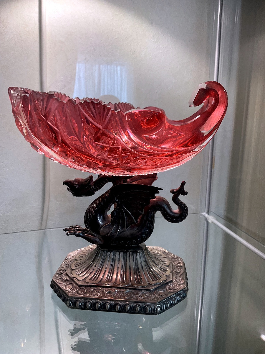 Antique Bohemian Ruby Glass Tazza Raised On Silver Foot -photo-2