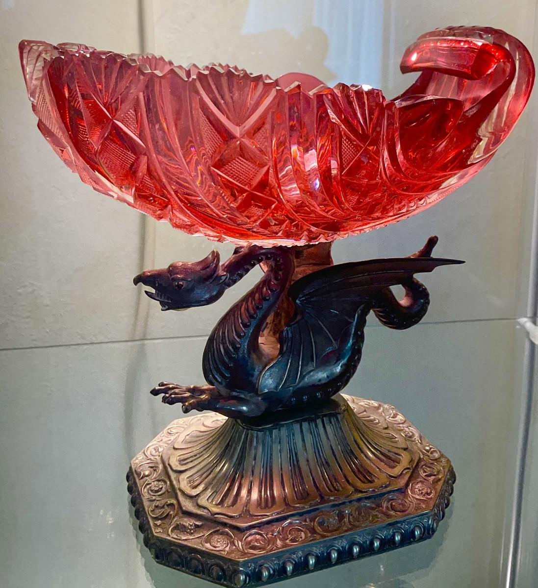 Antique Bohemian Ruby Glass Tazza Raised On Silver Foot 