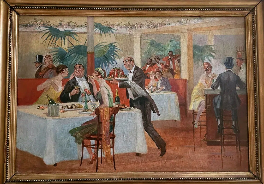 Art Nouveau Oil On Canvass Painting Depicting Famous Montparnasse Restaurant " La Coupole "-photo-2