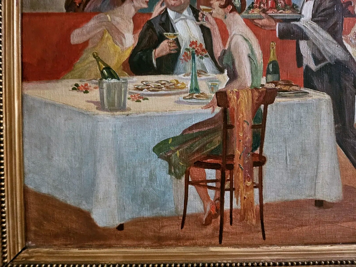 Art Nouveau Oil On Canvass Painting Depicting Famous Montparnasse Restaurant " La Coupole "-photo-1
