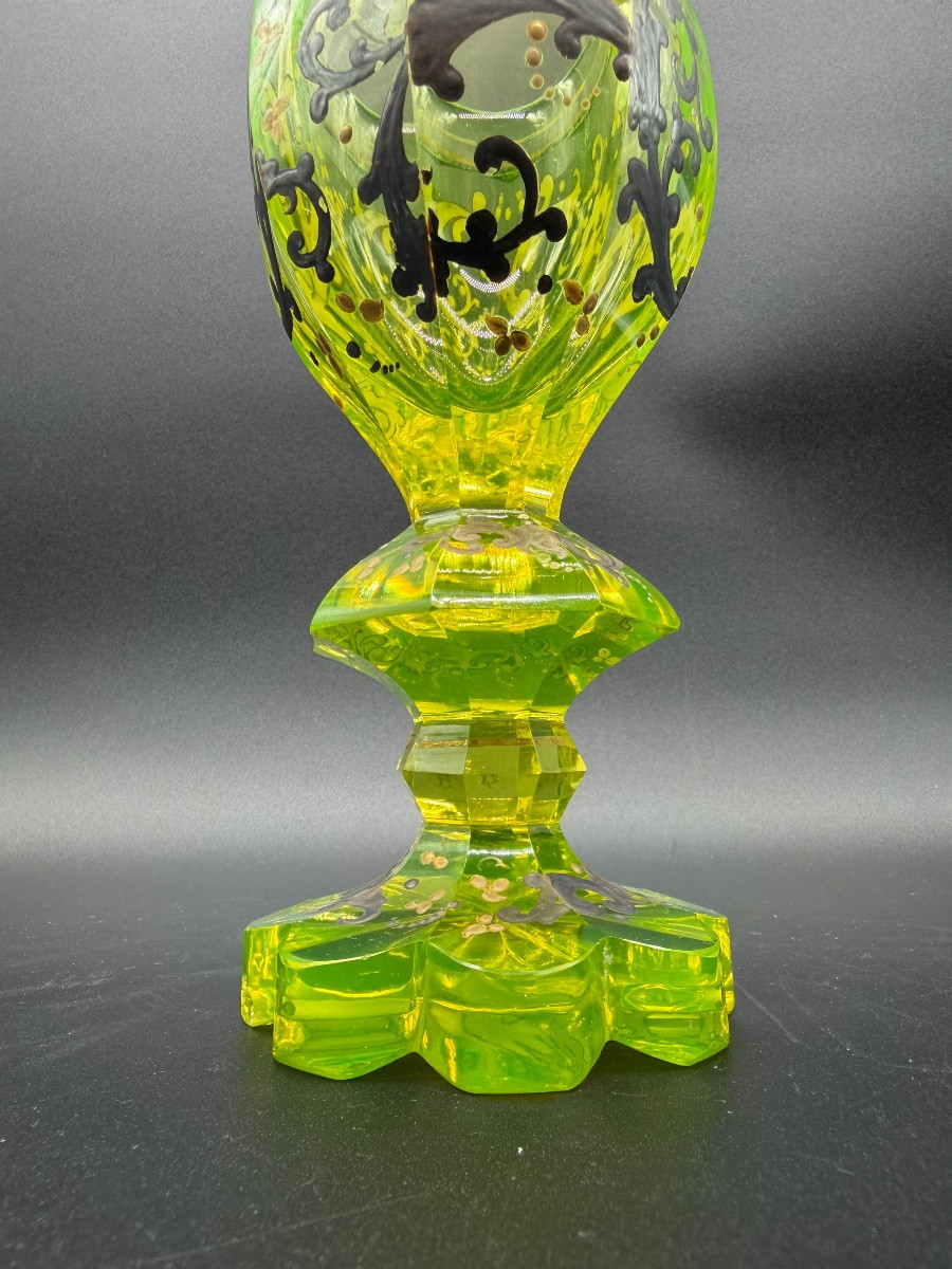Antique Bohemian Biedermeier Uranium Glass Pokal With Silver Inlay -photo-2