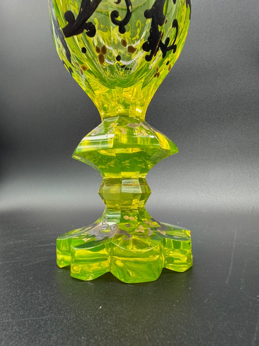Antique Bohemian Biedermeier Uranium Glass Pokal With Silver Inlay -photo-3