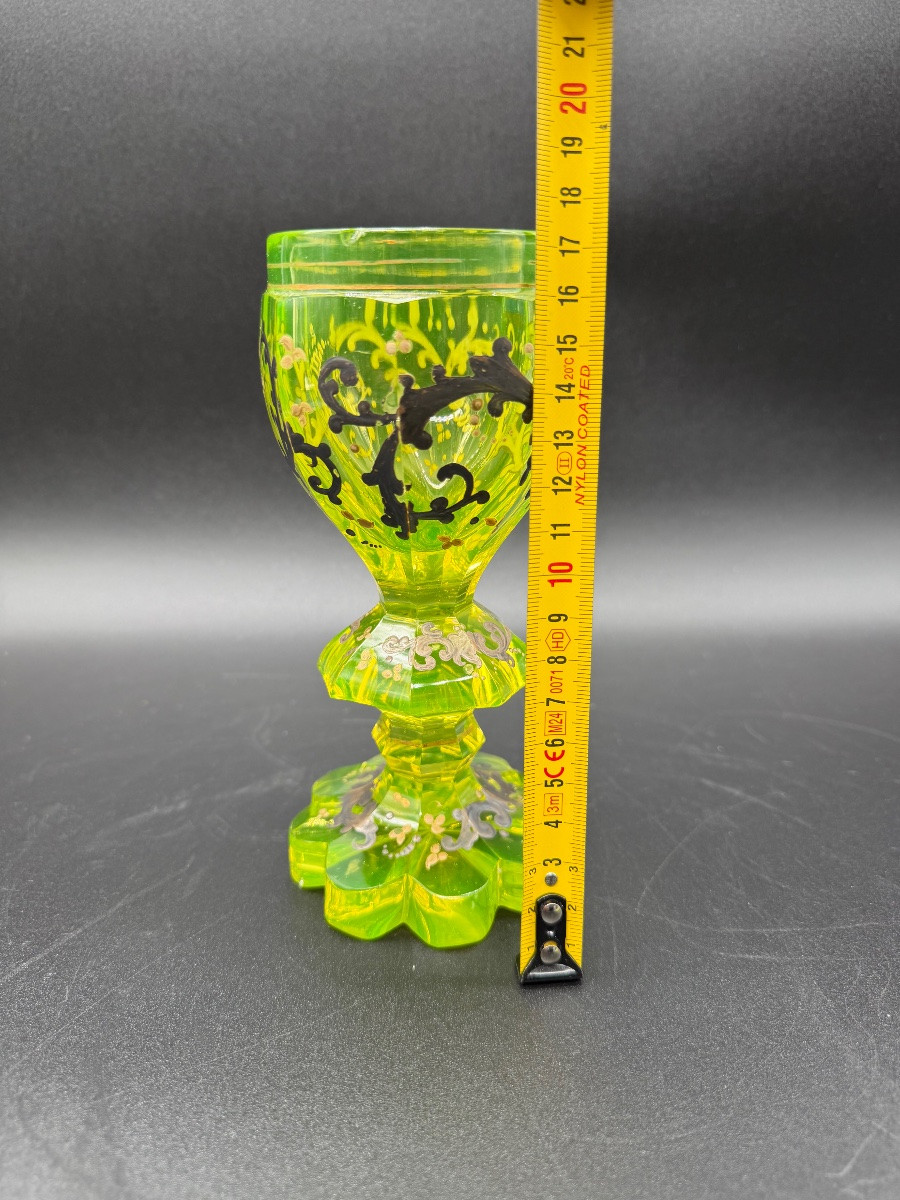 Antique Bohemian Biedermeier Uranium Glass Pokal With Silver Inlay -photo-7