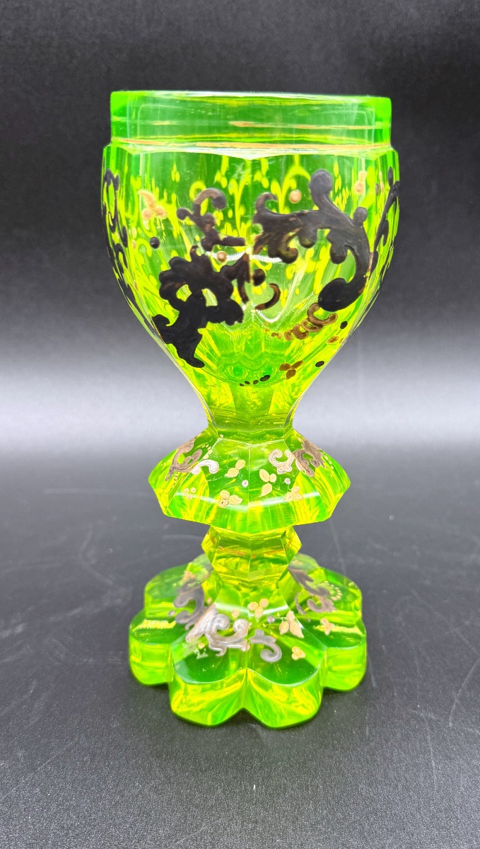 Antique Bohemian Biedermeier Uranium Glass Pokal With Silver Inlay 