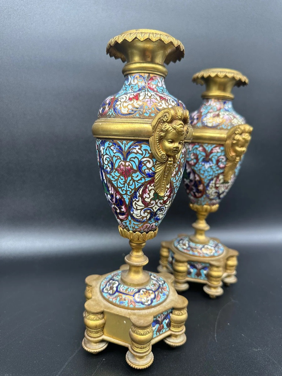 Antique Bronze Champlevé Pair Of Vases -photo-2