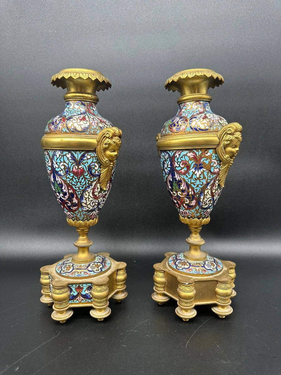 Antique Bronze Champlevé Pair Of Vases -photo-3