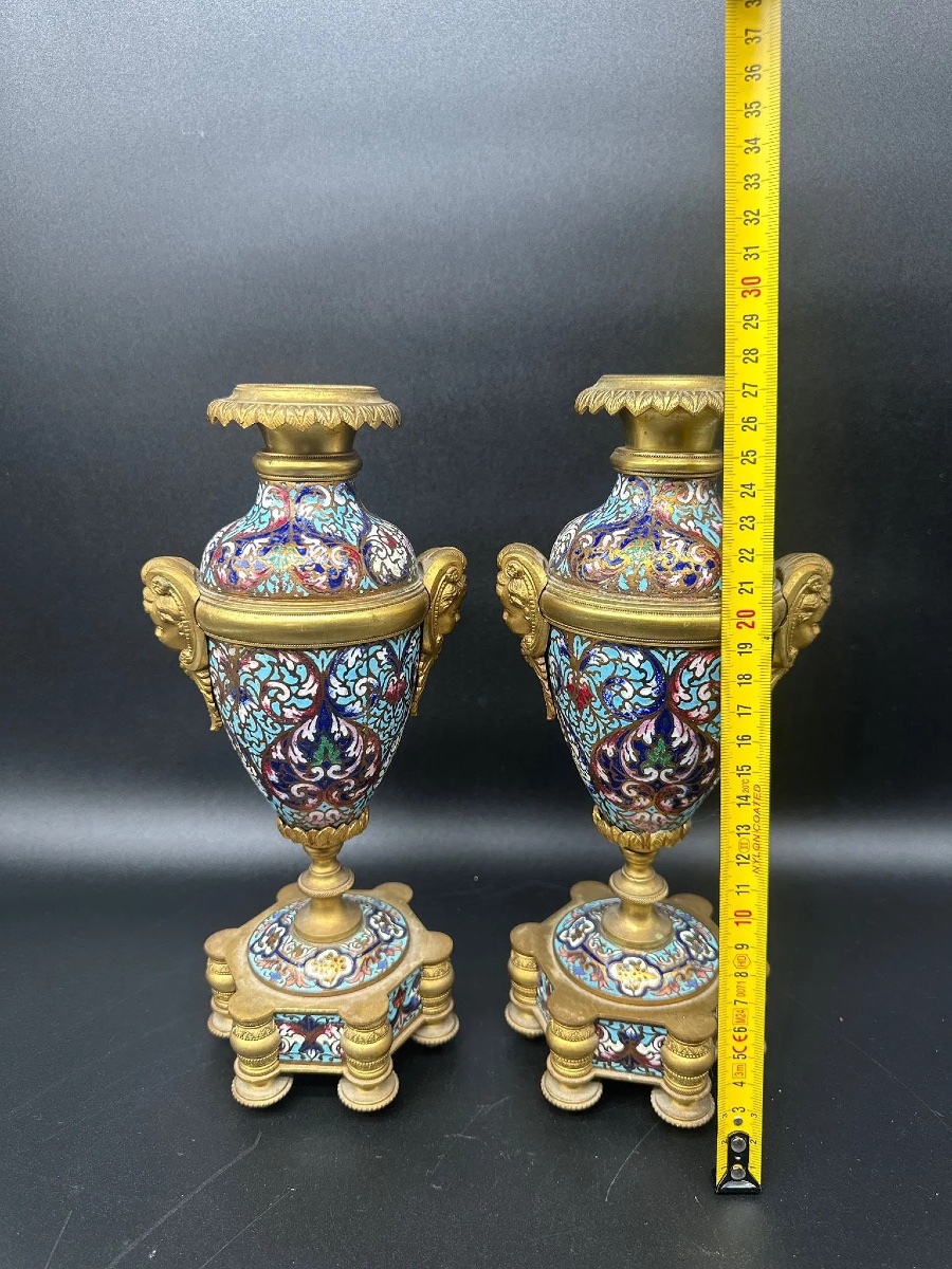 Antique Bronze Champlevé Pair Of Vases -photo-4